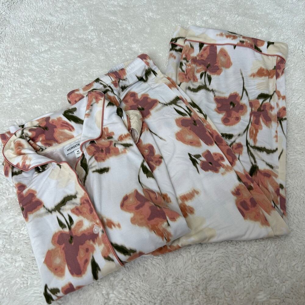 Nordstrom Womens Modal Floral White Peach Pj Set M Comfy Cozy Lounge Wear Sleep